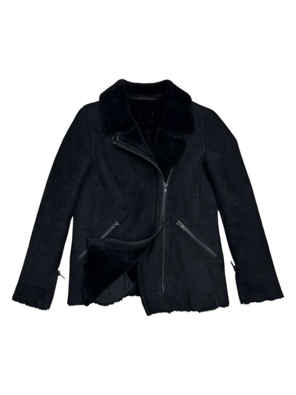 100% LAMB SHEARLING Just Female Vintage Luxury Jacket Coat Bomber Womens Small